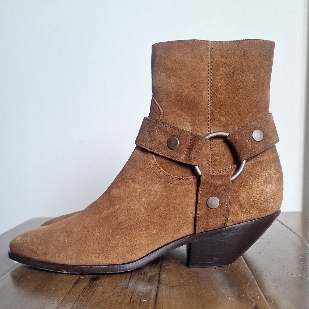 SAINT LAURENT YSL Suede Wyatt Harness Ankle Boots Cognac Size 36 Box Dust Bags